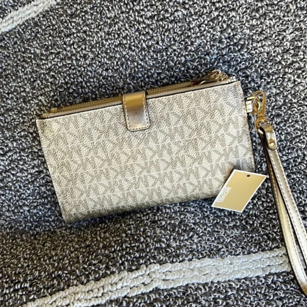 Michael Kors Jet Set Travel Large Double Zip Wristlet Wallet Pale Gold